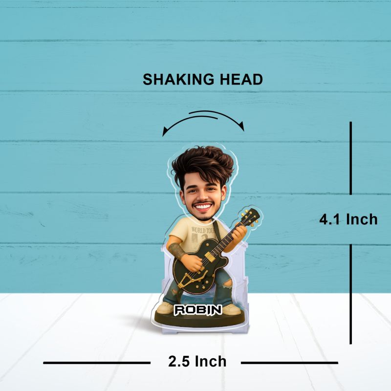 Personalized Guitarist Bobblehead Caricature Standee Gift for Musicians, Guitar Players & Music Lovers  Music Studio & Office Decor  Battery Powered Moving Head Feature